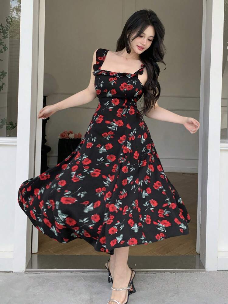 Mid-Long Floral Print Slip Dress With Square Neckline For Women,Milkmaid Dress Vacation Outfits Women Easter Maxi Dress Boho