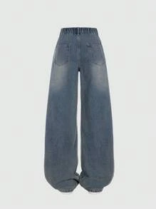 SHEIN Tienermeisjes Witte kralen Vintage Blauwe Losse Rechte Jeans
