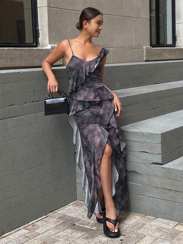 Women's Casual Summer Dress With Floral Print, Spaghetti Strap, Ruffle Hem, And Side Slit SunDress