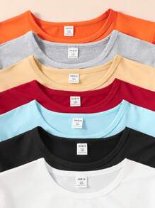 SHEIN 7pcs/Set Tween Boy Casual Crewneck Knit T-Shirts, Multi-Color, School, Campus, College - Mint Blue - View 6