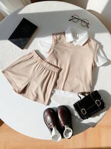 SHEIN Leap Crew 小男孩 3 件/套 杏色和白色休闲背心、翻领短袖开衫和短裤套装、适合学校和家居、适合通勤、学校、日常休闲、度假、旅行、适合运动、适合儿童服装、小男孩服装、男孩套装、男孩服装、家庭搭配服装、生日派对、适合日常、适合学校、适合运动、春夏季节。