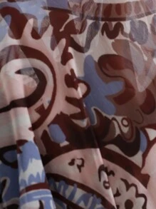 Aveloria Modichic 波西米亚风格 V 领复古印花分层雪纺连衣裙，配腰带，荷叶边下摆，长袖，中长款，女士春季连衣裙