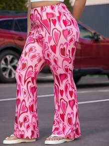 SHEIN EZwear 大码春季千禧粉红心形印花针织喇叭运动裤