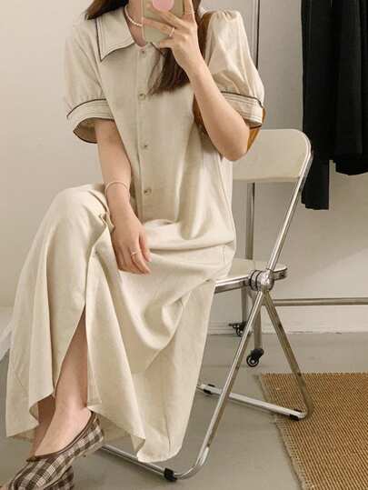 DAZY 女式纯色 Polo 领直筒短袖连衣裙，杏色，春夏亚麻太阳裙