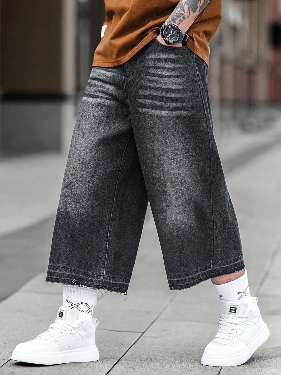 Manfinity EMRG 男式休闲宽松牛仔中长短裤，带口袋 - 灰色 - 查看 1