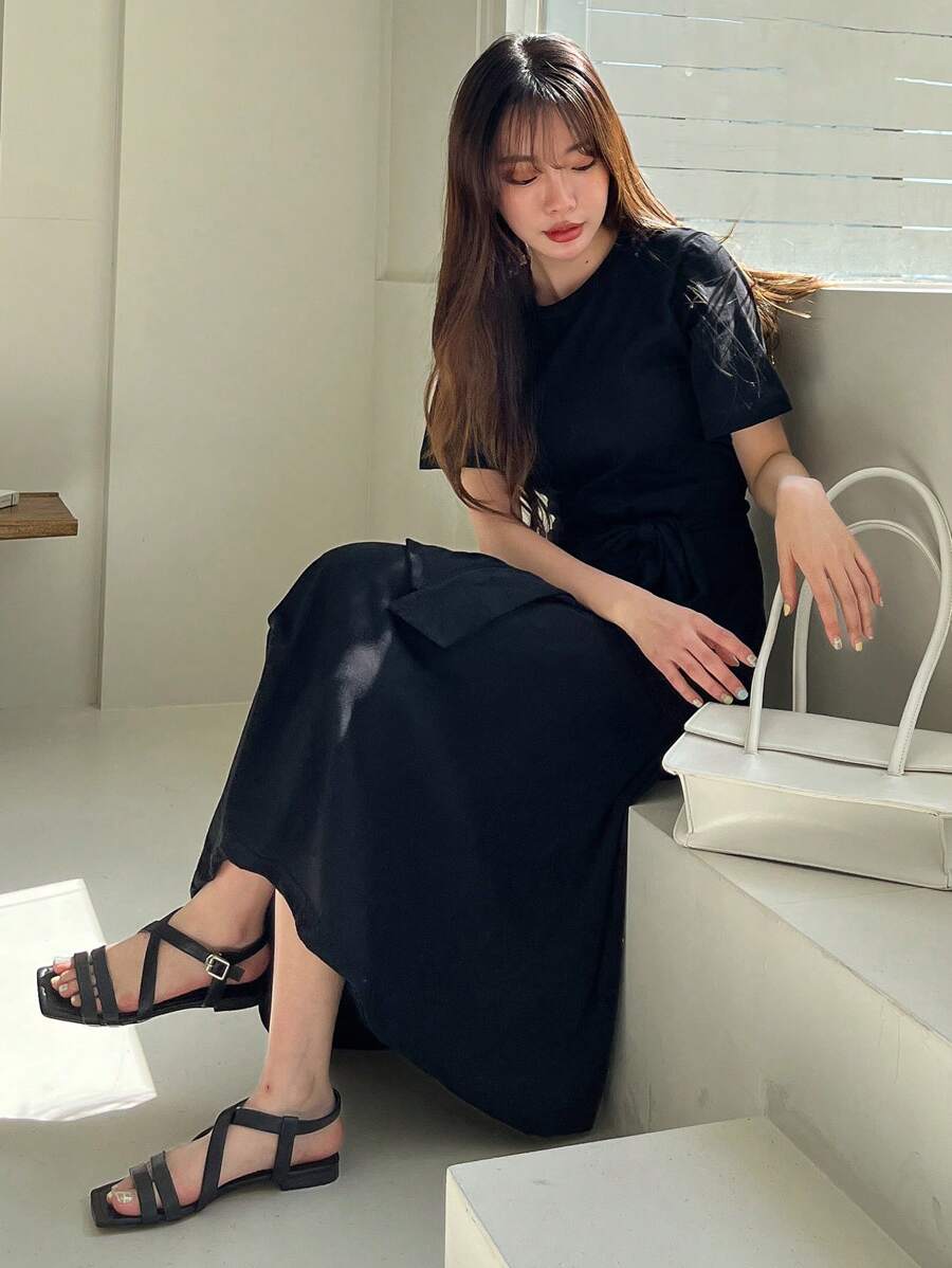 DAZY 女式纯色圆领抽绳腰修身中长连衣裙，黑色，春夏，休闲女装 - 黑色 - 查看 1