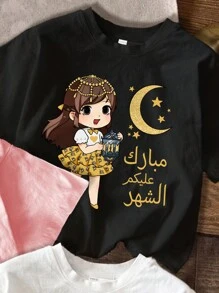 SHEIN 3pcs/Set Young Girl Casual Simple Star And Moon Graphic Short Sleeve Round Neck T-Shirts, Suitable For Spring/Summer - Multicolor - View 3