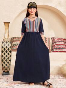 SHEIN Tween 女童休闲复古印花拼布 V 领 3/4 袖连衣裙 - 藍色 - 查看 3