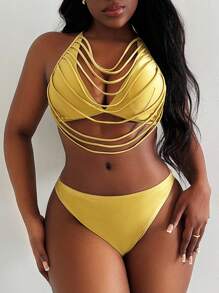 Slaydiva Bộ 2 món đồ bơi bó sát bãi biển buộc chéo màu vàng, Bikini giản dị dự tiệc mùa hè thanh lịch dành cho nữ - Vàng - Xem 5