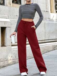SHEIN Tall Cottnline Pocket Drawstring Sweatpants Simple Fashionable Daily Casual - Burgundy - View 4