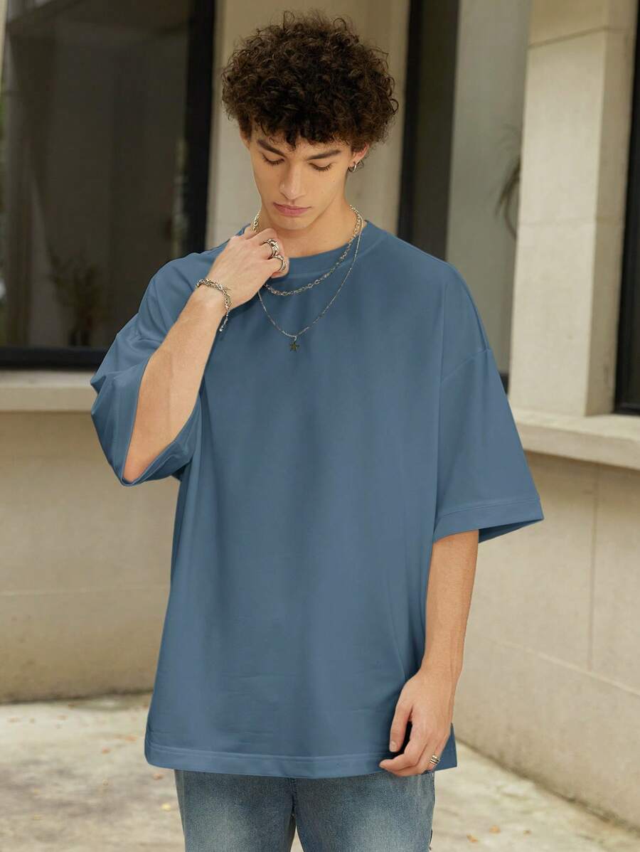 Manfinity Hypemode Loose Fit Men's Solid Color Round Neck Drop Shoulder T-Shirt - Dusty Blue - View 1