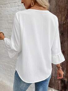 EMERY ROSE Women Solid Color Round Neck Ruffle Hem Casual Versatile Blouse - White - View 2