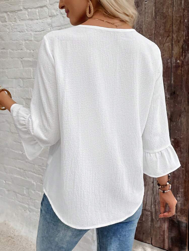 Women Solid Color Round Neck Ruffle Hem Casual Versatile Blouse