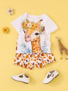 SHEIN 2pcs/Set Baby Girl Infant Toddler 0-3 Years Old Spring/Summer New Casual Versatile Homewear & Outerwear Comfortable Cute Giraffe Animal Print T-Shirt Top And Shorts Set - Yellow - View 1