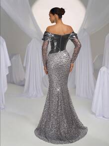 Glamrae 优雅奢华深灰色撞色露肩透视长袖缎面串珠亮片美人鱼鱼尾裙，带拖尾，适合婚礼、单身派对、度假、庆典、晚会、婚礼宾客礼服、长袍