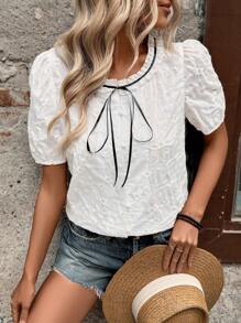 SHEIN LUNE Women's Bowknot Puff Sleeve Lace Jacquard Tied Casual Office Blouse Shirt - White - View 4