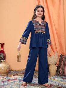 Tween Girl Casual Elegant Comfortable Loose Long Sleeve Top And Pants 2Pcs Set - Navy Blue - View 5
