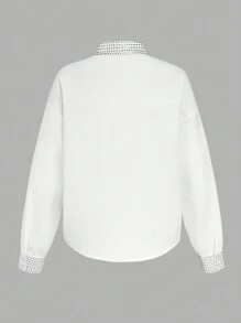 Slaydiva Áo sơ mi nữ dài tay màu trắng trơn gợi cảm mới, thắt nơ và đính đá. - trắng - Xem 5