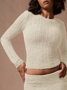 MUSERA Round Neck Long Sleeve Sweater Spring Y2K 90's Casual Cute - Cream - View 5