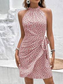 SHEIN Frenchy Đầm quấn cổ buộc dây in họa tiết toàn bộ, thích hợp mặc ngày lễ và thường ngày - Bụi hồng - Xem 5