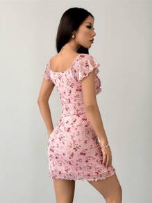 SHEIN PETITE Women's Cherry Print Graphic Tie-Front Waist Mini Dress - Pink - View 2