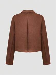 Flirla Plus Size Women's French Fashion Solid Color Faux Suede Lapel Oversize Metal Buckle Epaulet Blazer, Autumn/Winter Fall Cloth For Women - Brown - View 2