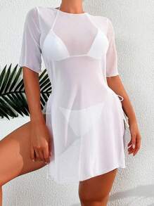 SHEIN Swim Summer Beach Side Slit Perspective Mesh Sheer Cardigan Wedding - White - View 2