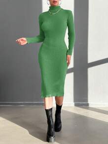 RueChic Turtleneck Ribbed Knit Sweater Dress Without Belt - Mint Green - View 5