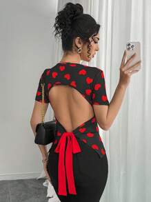 Chiquease Women's Round Neck Short Sleeve Heart Print Tie Back Shirt, Minimalist Style