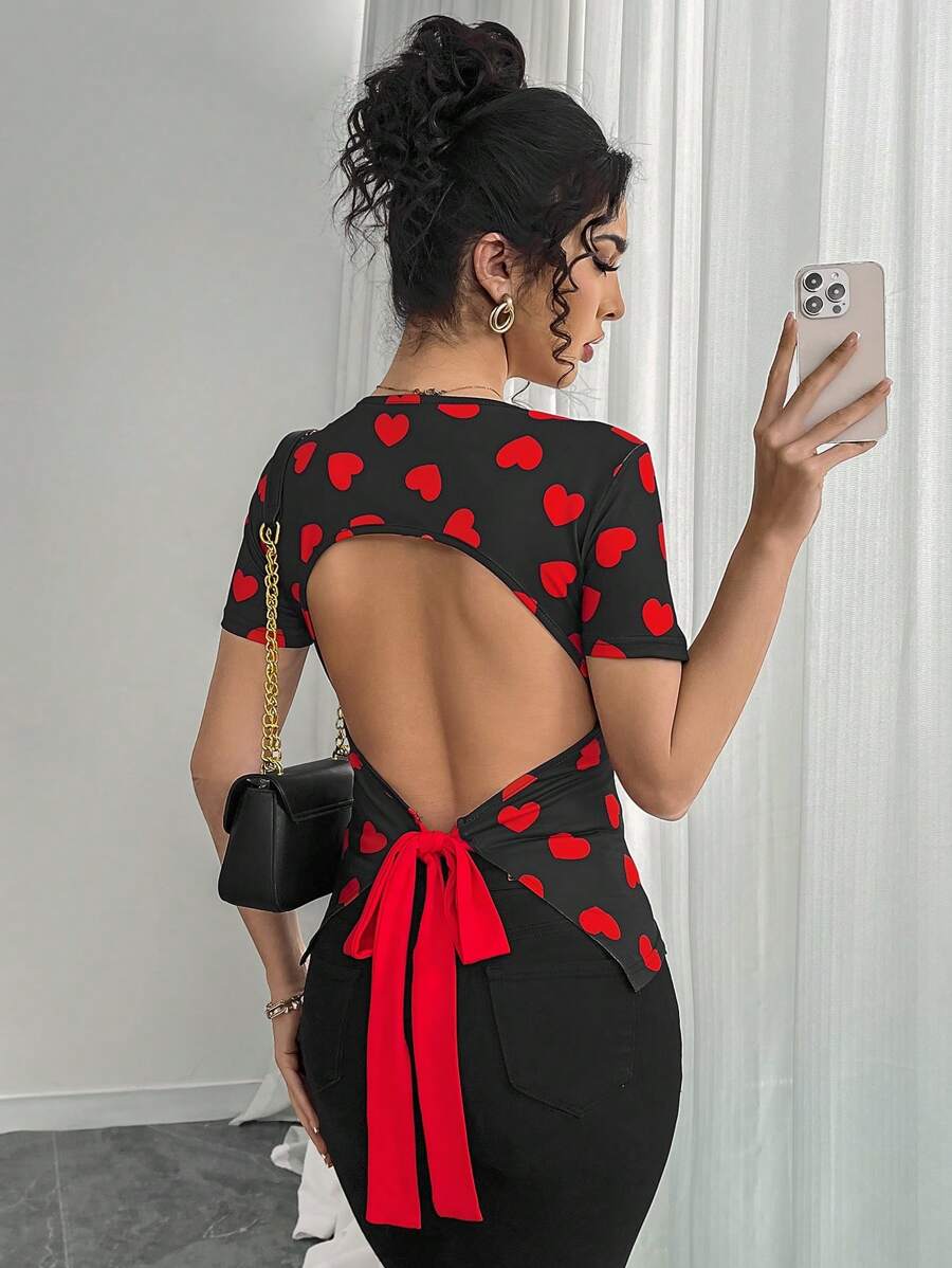 Chiquease Women's Round Neck Short Sleeve Heart Print Tie Back Shirt, Minimalist Style