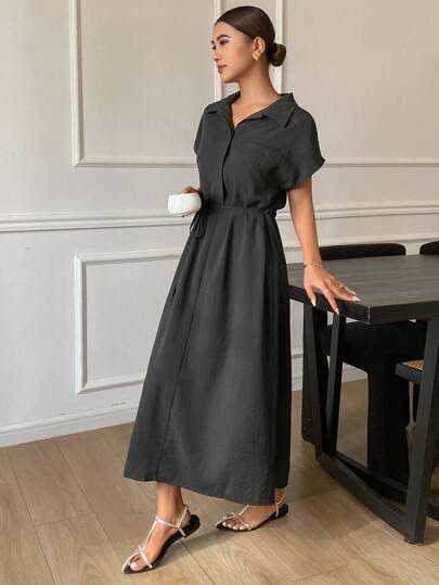 Livesso 纯色宽松短袖收腰休闲度假夏季长款衬衫裙女式太阳裙