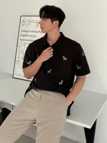 DAZY Men's Casual Polo Shirt With Cartoon Embroidered Pony Pattern, Suitable For Commuting Fall - Black - View 6