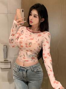 DAZY Encore Red Full Print Floral Pattern Backless Drawstring Tie Contrast Color Splicing Mesh Long Sleeve Blouse For Women,Halter Top