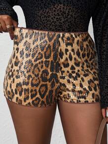 SHEIN PETITE CURVE Shorts de leopardo brillante de tiro bajo sexy para mujer con estampado de guepardo, de moda y - Marrón - Ver 4