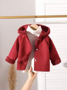 婴儿/女宝宝纽扣拼接连帽长袖外套，时尚百搭，秋冬