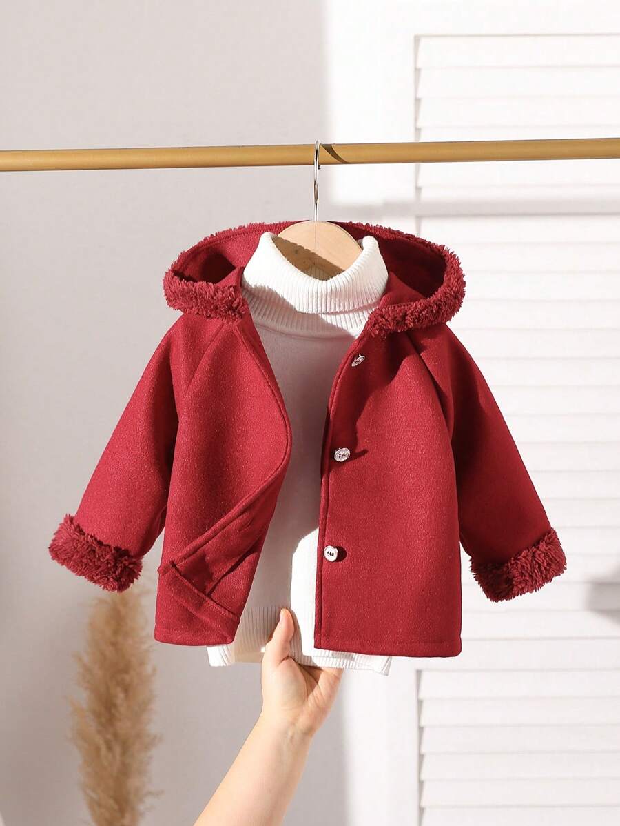 婴儿/女宝宝纽扣拼接连帽长袖外套，时尚百搭，秋冬