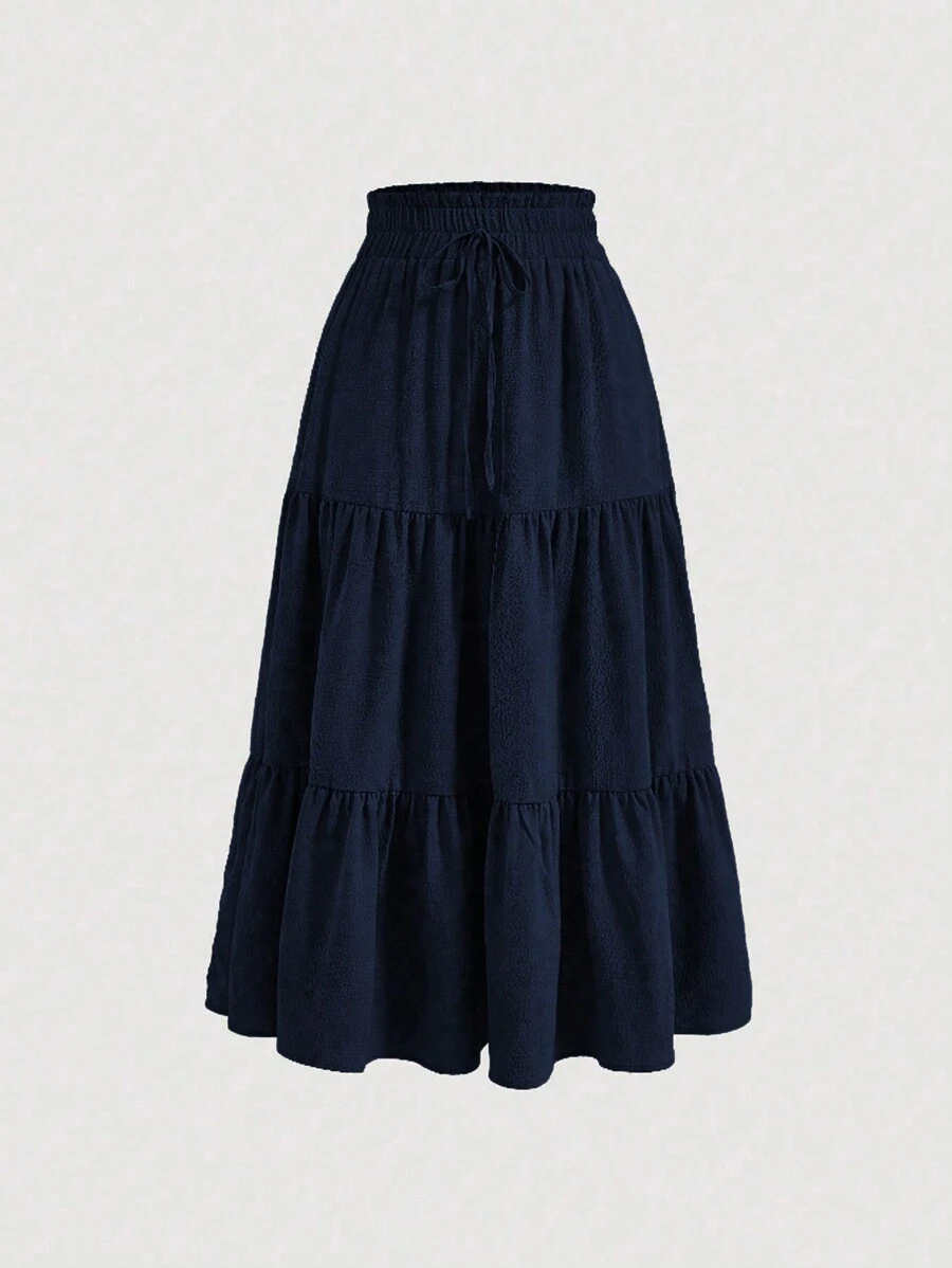 Mulvari Plus Size Solid Color Front Tie Pleated Waist Casual A-Line Skirt - Navy Blue - View 1