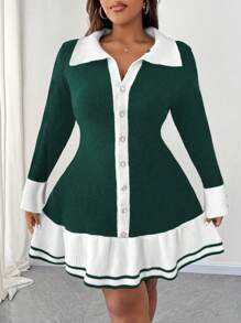 SHEIN Unity Vestido de suéter de punto con bloqueo de color y adorno de botones con volantes para mujer de talla grande, vestido recto elegante para otoño e invierno - Verde - Ver 4