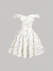 SHEIN MOD 露肩腰部褶饰花卉印花连衣裙 - 彩色 - 查看 1