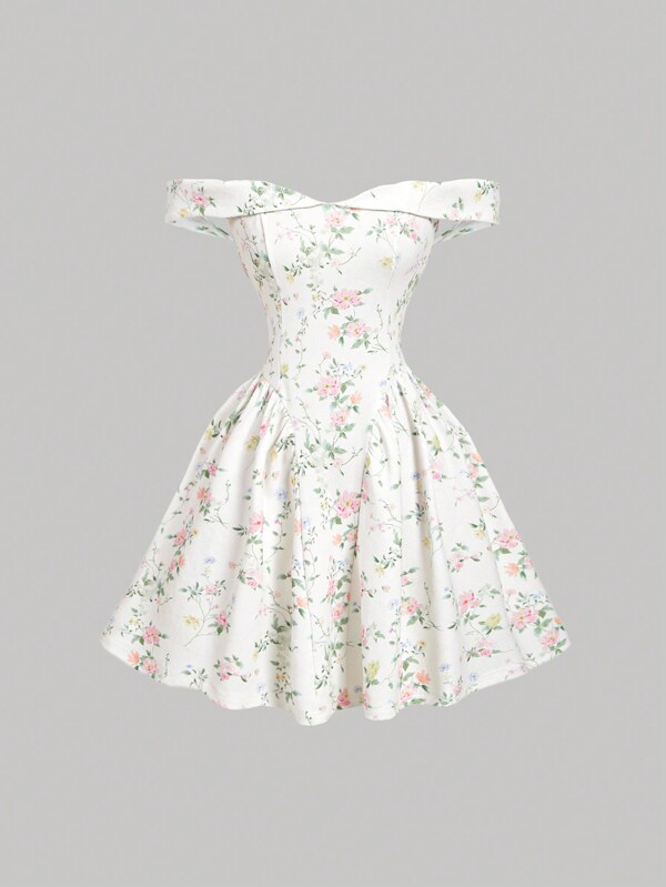 SHEIN MOD Vestido de flores con hombros descubiertos y recogido en la cintura