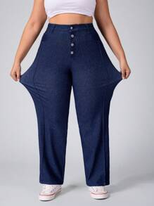 Flexra Plus Size Women Button Front Straight Leg Stretchy Knit Denim Apple Bottom Jeans Casual Jeans