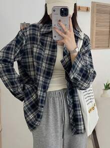 DAZY 女士翻领格子宽松长袖衬衫，藏青色，春夏秋季，法兰绒女装