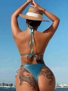 Conjuntos de bikini sexy con decoración de estrella de mar para mujeres en la playa - Azul - Ver 3