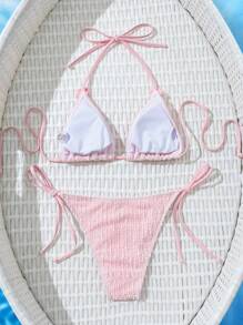 SHEIN Swim 女款網紗碎花裝飾純色可愛掛脖露背比基尼套裝，夏季 - 粉色 - 查看 7