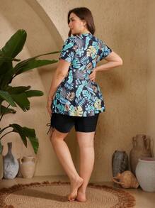 Swim Mulvari 大码女式两件套热带植物印花夏季沙滩装，包括荷叶边短袖朴素泳衣（无线）和自行车短裤，适合狂欢节 - 彩色 - 查看 2