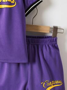 SHEIN 2pcs/Set Young Boy Striped & Letter Printed Front Button Short Sleeve Top And Shorts Set - Purple - View 4