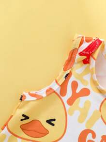 SHEIN Set de 2 piezas de pelele sin mangas con estampado de pato lindo y gorro amarillo para bebés niños, de tela de punto suave y cómoda, apta para uso diario, actividades al aire libre, ocio y vacaciones