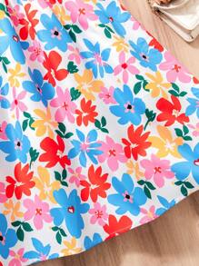 Girls Beach Vacation Dopamine Hand-Drawing Flowers Open Back 3D Bow Puff Sleeve Dress, Sister Matching Set - Multicolor - View 5