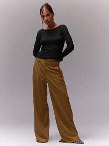 MUSERA Loose Fit Tailored Dress Pants Old Money Chic Elegant - Coffee Brown - View 3