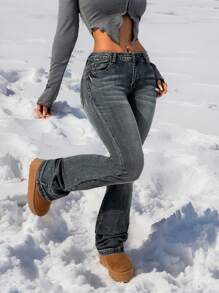 SHEIN PETITE Jeans de mezclilla azul de talle bajo, ajustados y elásticos, con diseño sexy para mujeres